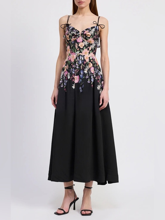 En Saison Dresses & Skirts - En Saison Black Midi Dress with Pink, Purple & Green Floral Bodice